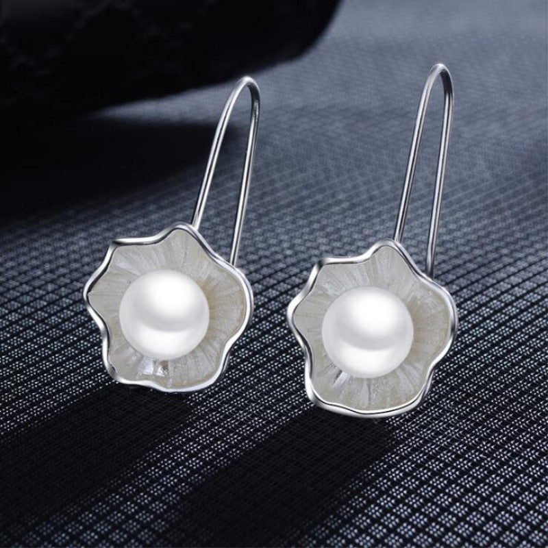 Temperament New Fashion Ethnic Style 925 Sterling Silver Jewelry Female Creative Lotus Pearl Fresh Flower Dangle Earrings  SE307