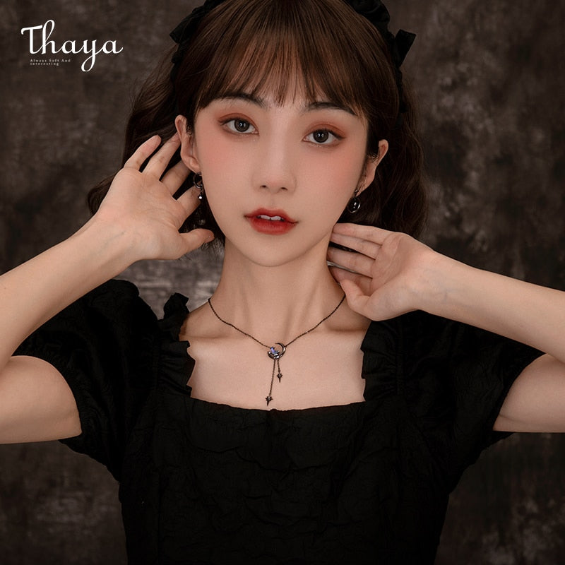 Thaya Vintage Moon Pendant Necklace For Women Moon Design Choker Blue Crystal Colar Chain Necklace Engagement Fine Jewelry