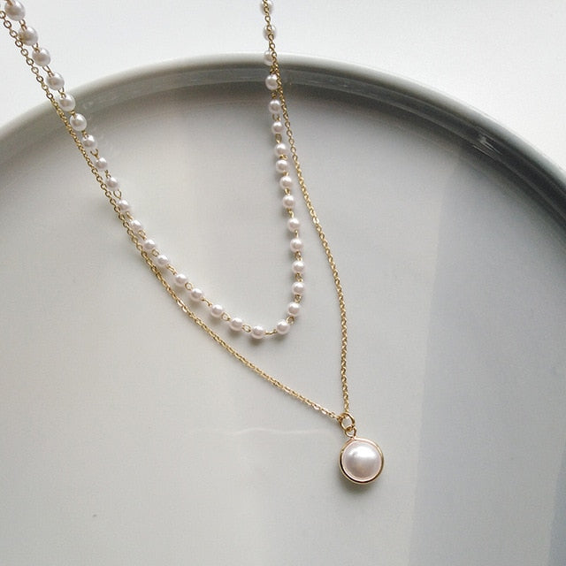 The New Fashion Contracted Joker Collarbone Chain Double Pearl Necklace  Women