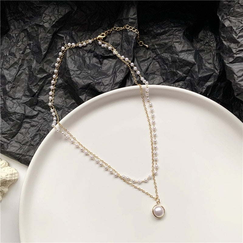 The New Fashion Contracted Joker Collarbone Chain Double Pearl Necklace  Women