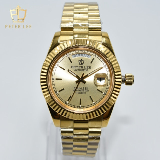 Top Brand Peter Lee 40mm Men Luxury Vintage Design Gold Wristwatches Stainless Steel Automatic Mechanical Watch Wholesale