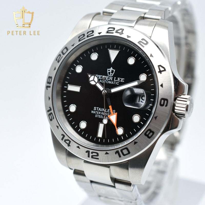 Top Luxury Brand PETER LEE 42MM Stainless Steel GMT Movement Watch For Men Automatic Mechanical Vintage Designer Watches Gifts