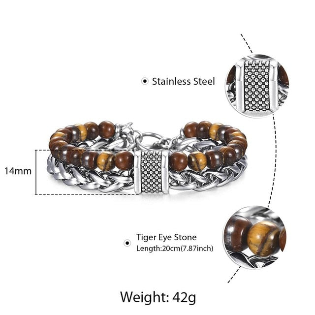 Trendsmax Natural Map Stone Men's Beaded Bracelet for women Stainless Steel Bracelets Male Jewelry Tiger eye 8 9 10 inch DB33