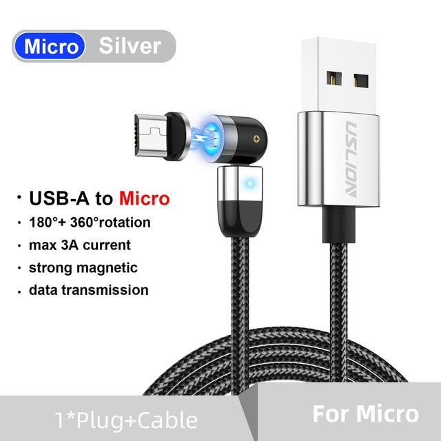 USLION 3A Magnetic Micro USB Type C Cable Phone Accessories Charging For iPhone 7 8 Plus Xr 11 Xiaomi Redmi Charger 540 Rotation