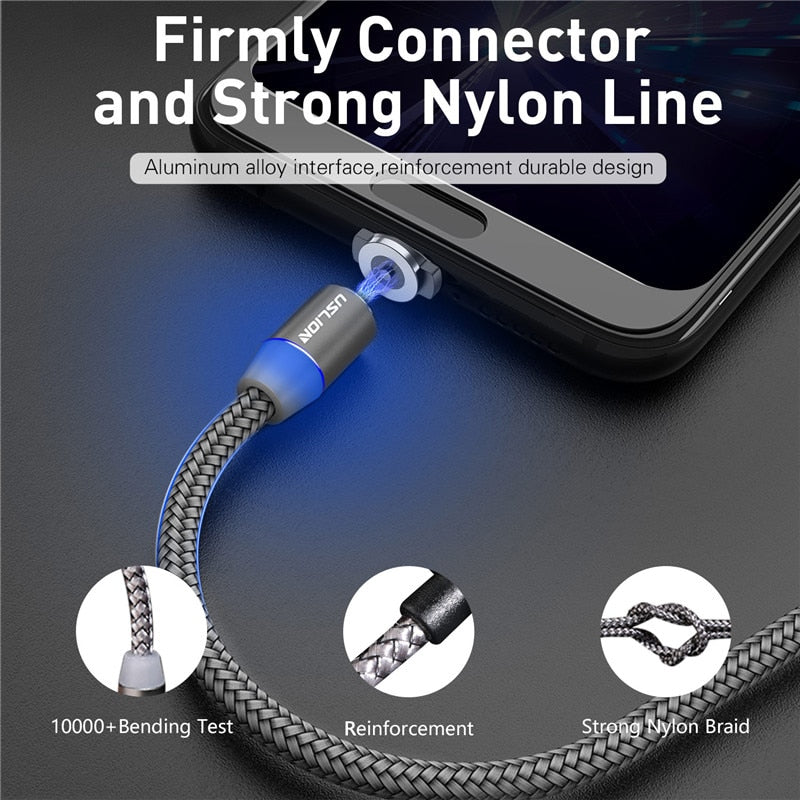 USLION 3M LED Magnetic Cable & Micro USB Cable & USB Type C Cable Nylon Braided Type-C Magnet Charger For Iphone 7 X Samsung S10