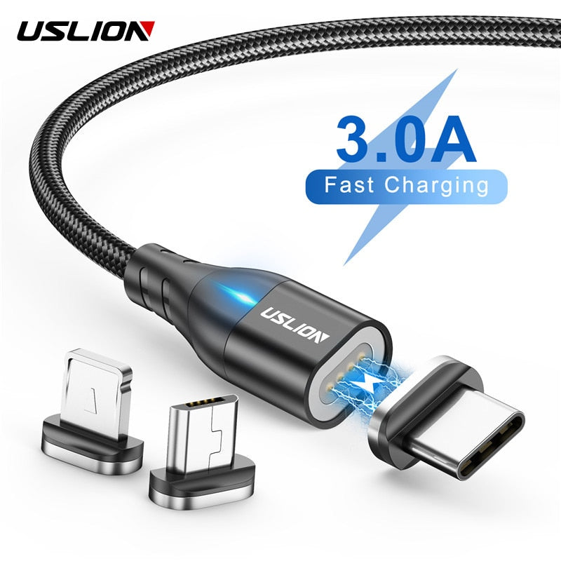 USLION LED Magnetic Cable Micro 540 Rotation 2020 New USB To Type C 3A Fast Charging For iPhone 11 Pro XS Max Samsung Huawei