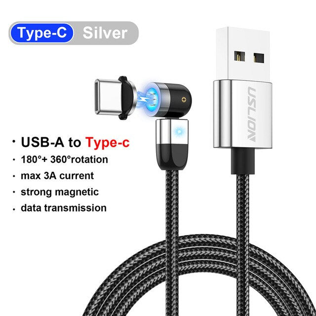 USLION New Magnetic USB Cable Fast Charging Micro Type C Mobile Phone Cable For iPhone Samsung 360+180 Degree Roating Cord Wire