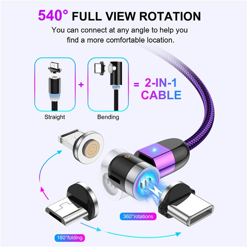 USLION New Magnetic USB Cable Fast Charging Micro Type C Mobile Phone Cable For iPhone Samsung 360+180 Degree Roating Cord Wire