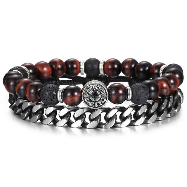 Unique Natural Tiger Eye Stone Men's Beaded Bracelet Stainless Steel Cuban Link Chain Bracelets Male Gifts Dropshipping 8" DLB68