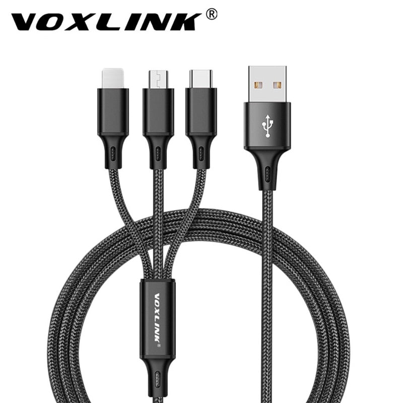 VOXLINK 3 in 1 USB Cable For iPhone XS Max XR X 8 7 Charging Charger Micro USB Cable For Android USB TypeC Mobile Phone Cables