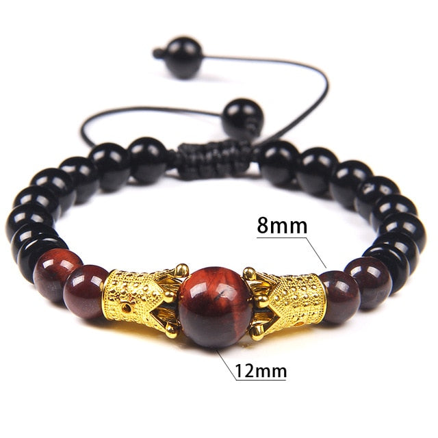 Vinswet Classic CZ Crown Charm Bracelet Men Natural Tiger Eye Stone Beads Black Braided Adjustable Unisex Bracelet Jewelry Gifts
