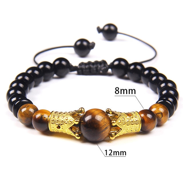 Vinswet Classic CZ Crown Charm Bracelet Men Natural Tiger Eye Stone Beads Black Braided Adjustable Unisex Bracelet Jewelry Gifts