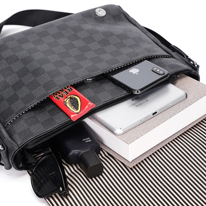 Vintage Plaid Men's Handbag Leather Briefcase Messenger Bag for Men Document A4 Business Shoulder Bag Male Laptop Crossbody Bag