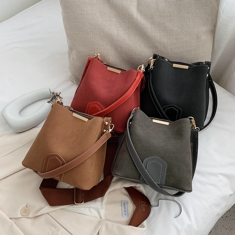 Vintage Scrub Leather Bucket Bags for Women 2021 Trending Designer Crossbody Shoulder Handbags Women's Wide Shoulder Belt Bag 4.