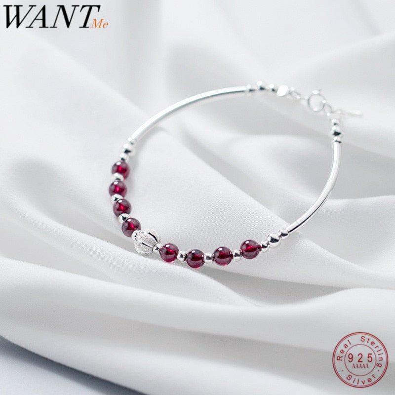 WANTME Hot Natural Garnet Bead Charm Bracelets&Bangles for Women Real 100% 925 Sterling Silver Party Wedding Jewelry Accessories