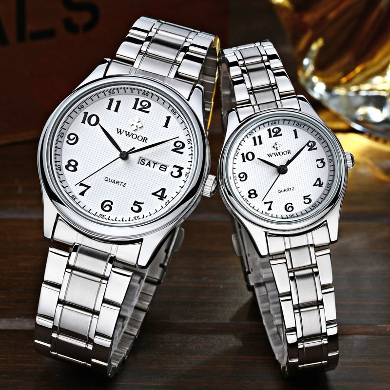 WWOOR Couple Watch Pair Men And Women Top Brand Luxury Silver Quartz Clock Male Female Gift Watch lover souvenir relogios casais