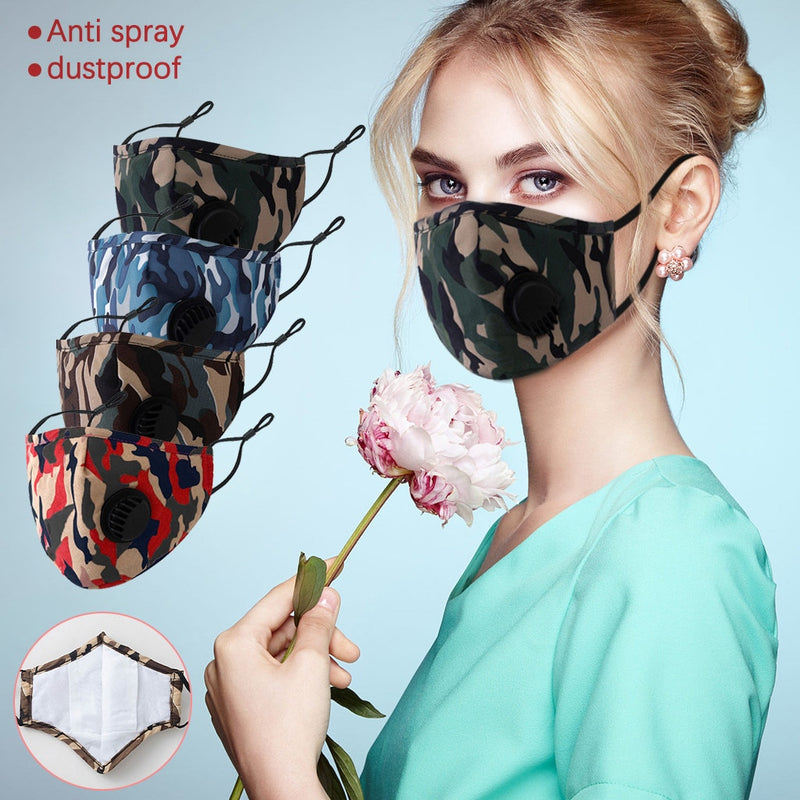 Washable Adjustable Breathable Inserted Gasket Cotton Camouflage Face Mask  Fashion With Carbon Filter Halloween Cosplay