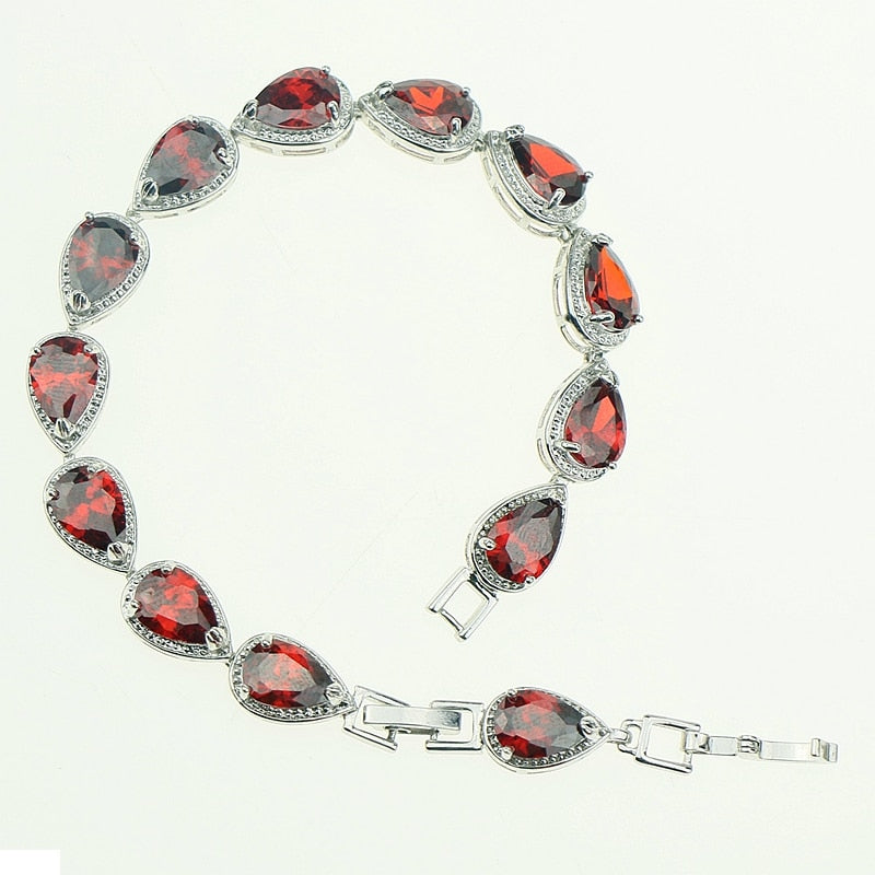 Water Drop Red Garnet CZ 925 Silver Jewelry Length 18cm 21cm Link Chain Bracelet for Women Free Gift Box
