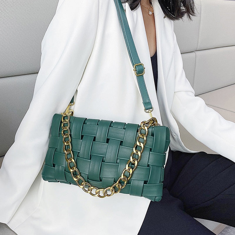 Weave Design PU Leather Crossbody Bags For Women 2020 Luxury Solid Color Shoulder Handbags Chain Cross Body Bag baguette bag