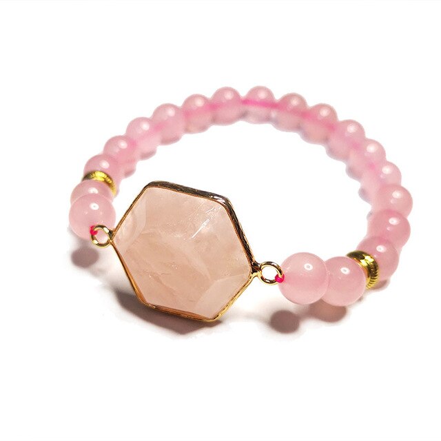Wholesale Watch Style Round Natural Stone Beads Bracelet Hexagon Six-pointed Star Amazonite Pink Quartz Pendant Bracelet Gift