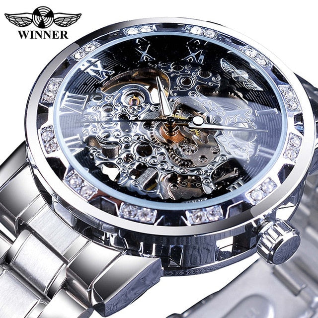 Winner Golden Watches Classic Rhinestone Clock Roman Analog Male Skeleton Clocks Mechanical Stainless Steel Band Luminous Watch