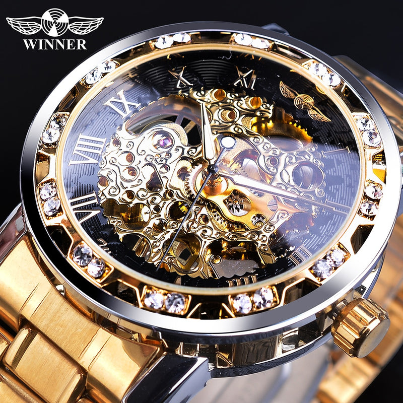 Winner Golden Watches Classic Rhinestone Clock Roman Analog Male Skeleton Clocks Mechanical Stainless Steel Band Luminous Watch