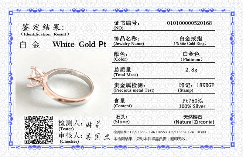 With Certificate Luxury 18K White Gold Ring Original 2.0ct Zirconia Diamond Wedding Band Silver 925 Jewelry To Women Love Gift