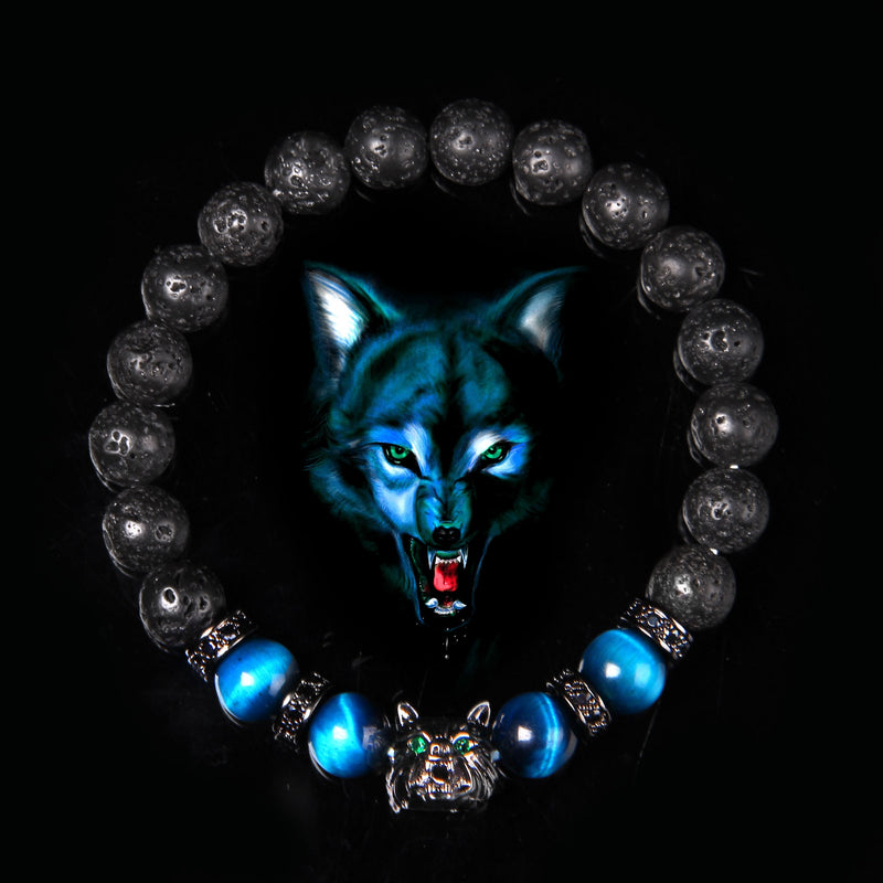 Wolf Charm Bracelets Men Natural Black Lava Stone Bracelets Brave Tiger Eye Bracelets Women Elastic Jewelry 8 mm Beads Pulsera