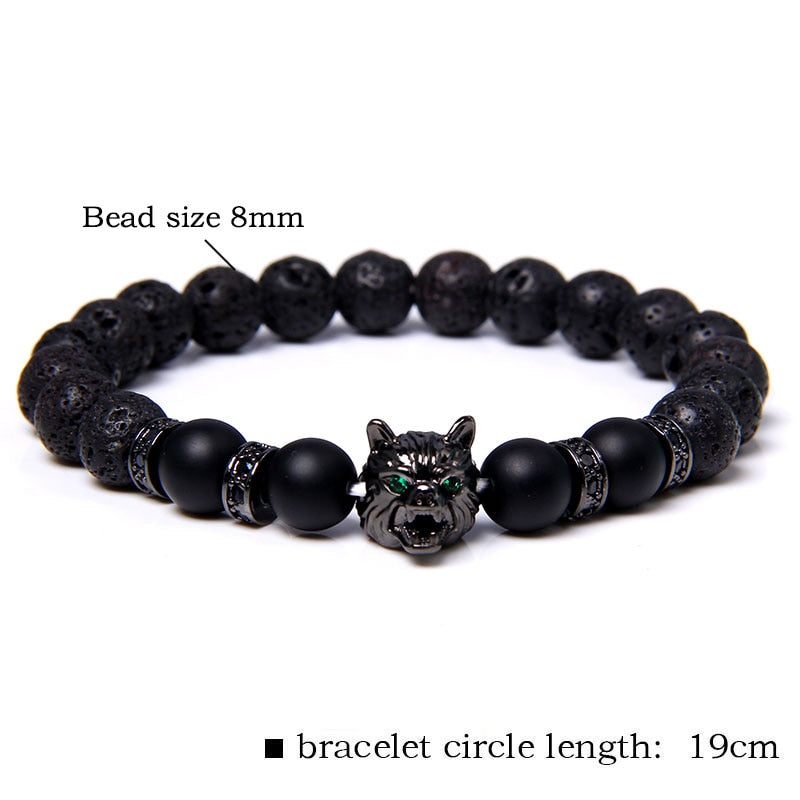 Wolf Charm Bracelets Men Natural Black Lava Stone Bracelets Brave Tiger Eye Bracelets Women Elastic Jewelry 8 mm Beads Pulsera