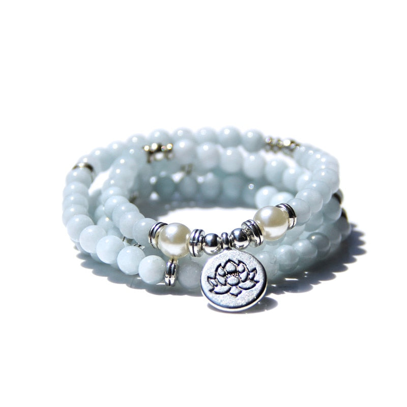Women Bracelet Natural Stone Bracelet Beads Aquamarin with Lotus Charm Yoga Bracelet 108 Mala Necklace for Men Women