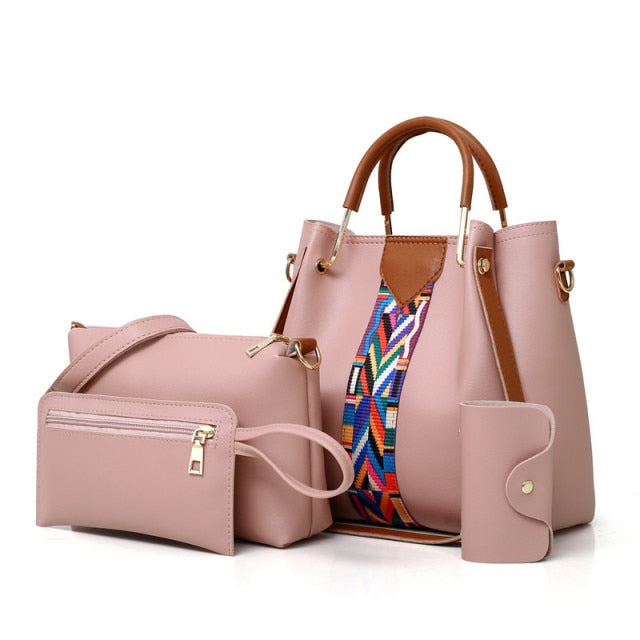 Women Leather Handbag Fashion Design Shoudler Bag Large Capacity Tote Crossbody Bucket Bag 4 Pieces Set for Work Travel Shopping