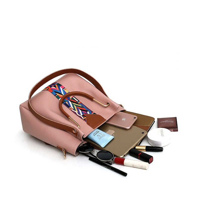 Women Leather Handbag Fashion Design Shoudler Bag Large Capacity Tote Crossbody Bucket Bag 4 Pieces Set for Work Travel Shopping