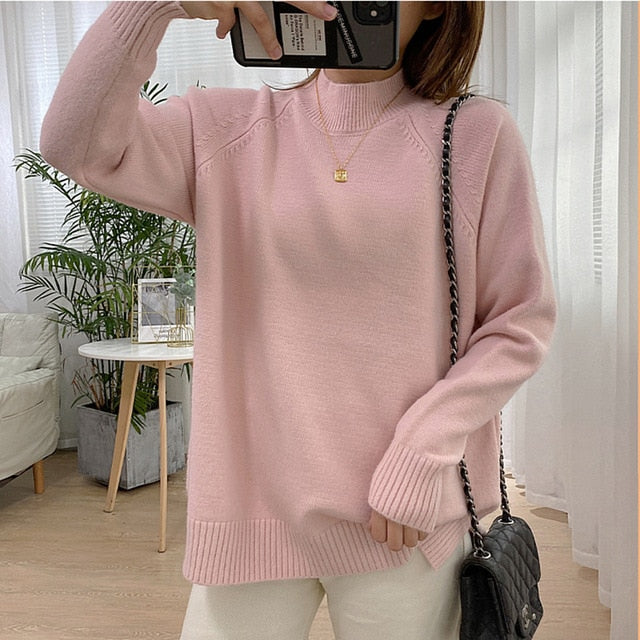 Women Mock Neck Pullovers Sweater High Quality Oversized Jumper Split Fall Winter Clothes Beige Purple Green 8 Colors  C-232