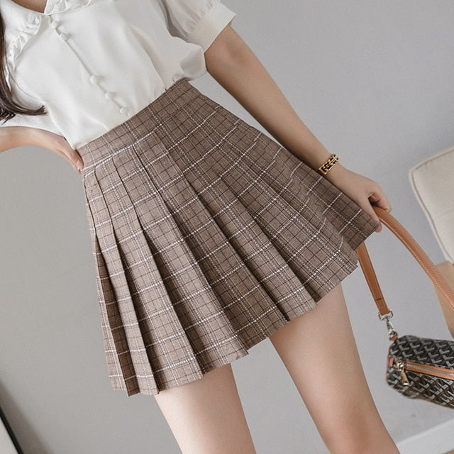 Women Short Pleated Plaid Skirt Korean Slim Fit High Waist Preppy Style Skirts Girls Fashion Mini A-Line Sexy Cute Clothes
