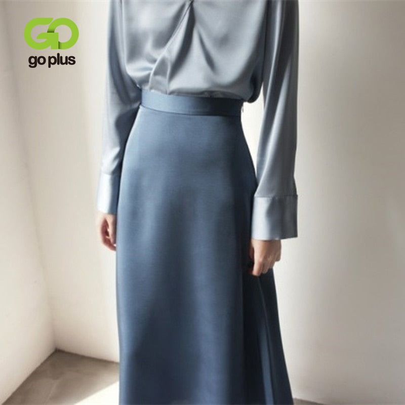 Women's Skirt Korean Style A-line Satin Blue Black High Waist Ankle Length Woman Skirts Mujer faldas Femme Jupes Saias Mulher