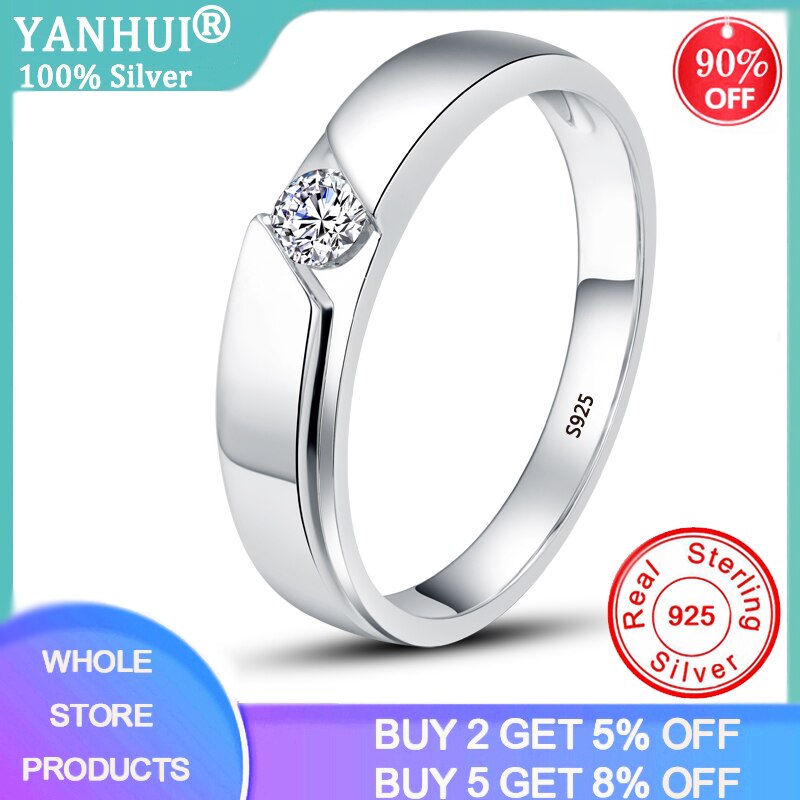 YANHI 100% 925 Sterling Silver Wedding Rings for Men and Women 4mm Round Zirconia Diamond Solitaire Ring Couple Jewelry DR11