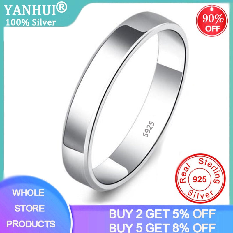 YANHUI Original Real Pure 925 Sterling Silver Rings For Women Men Simple Couple Ring Smooth Wedding Band For Lovers Gift R031