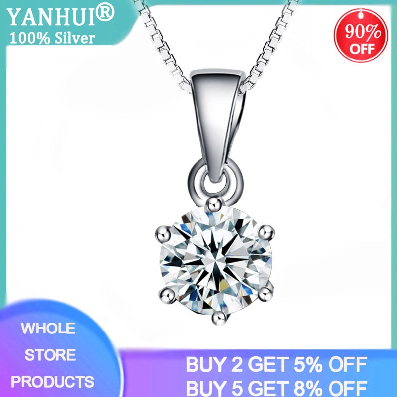 YANHUI With Certificate Real 925 Solid Silver Pendant Necklace Round 8mm 2.0ct Zirconia Diamond Fine Jewelry For Women Gift ND06