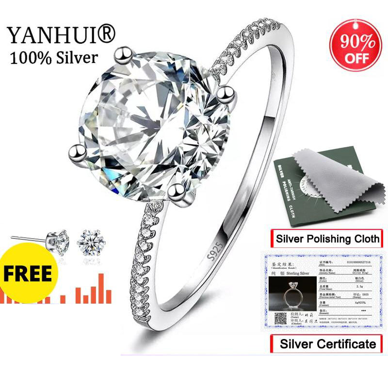 YANHUI With Certificate Solitaire 3 Carat Ring Original Silver 925 Jewelry Natural 9mm Zirconia Diamond Wedding Rings For Women