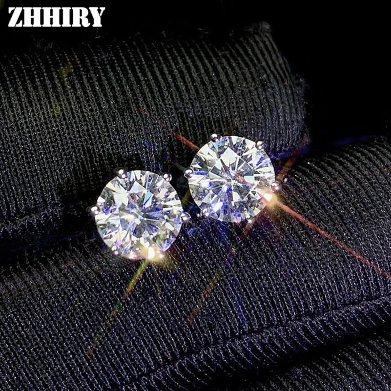 ZHHIRY Real Moissanite 18k White Gold Stud Earring For Women Total 2ct Each 1ct Round 6.5mm D VVS Fine Jewelry