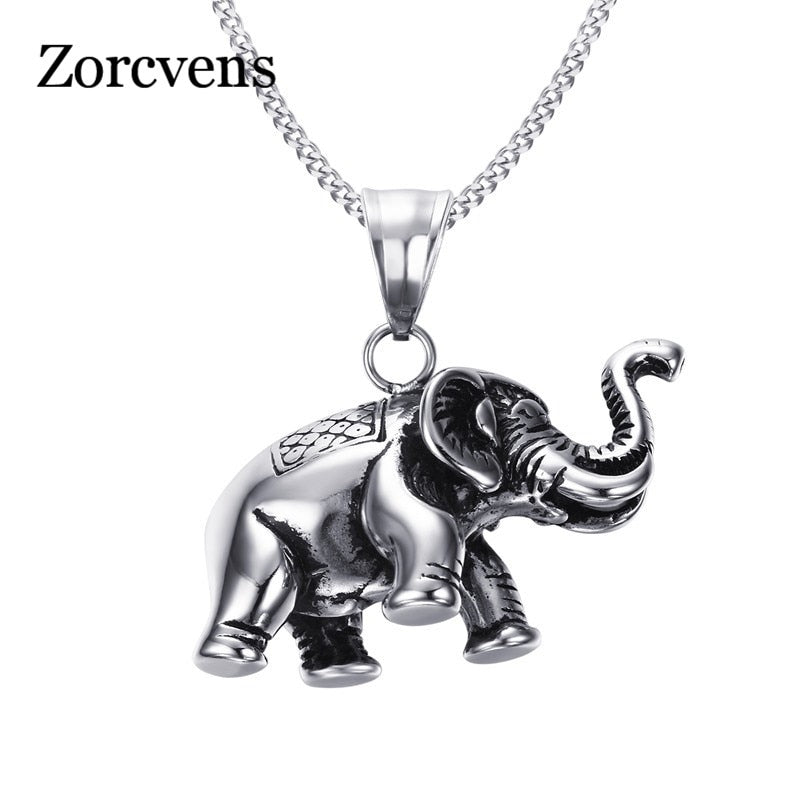 ZORCVENS Men Small Lucky Elephant Necklace Silver-color Stainless Steel Animal Pendant Charms Jewelry