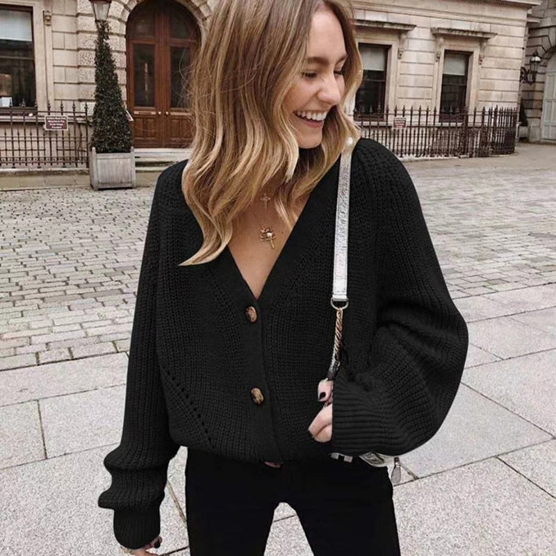 Zoki Women Knitted Cardigans Sweater Fashion Autumn Long Sleeve Loose Coat Casual Button Thick V Neck Solid Female Tops 2020