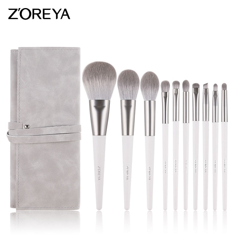 Zoreya Brand Soft Synthetic Hair Eye Shadow Brush White Handle Blending Blush Lip Powder Highlighter Makeup Brushes Set 10pcs