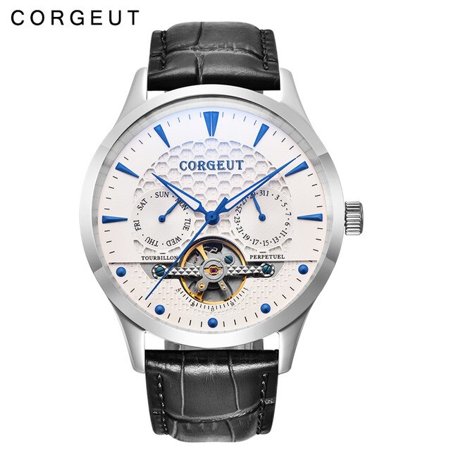 fashion casual Corgeut 44mm Domed Glass clock leather strap calendar Mens luxury Mechanical Automatic Wrist watch