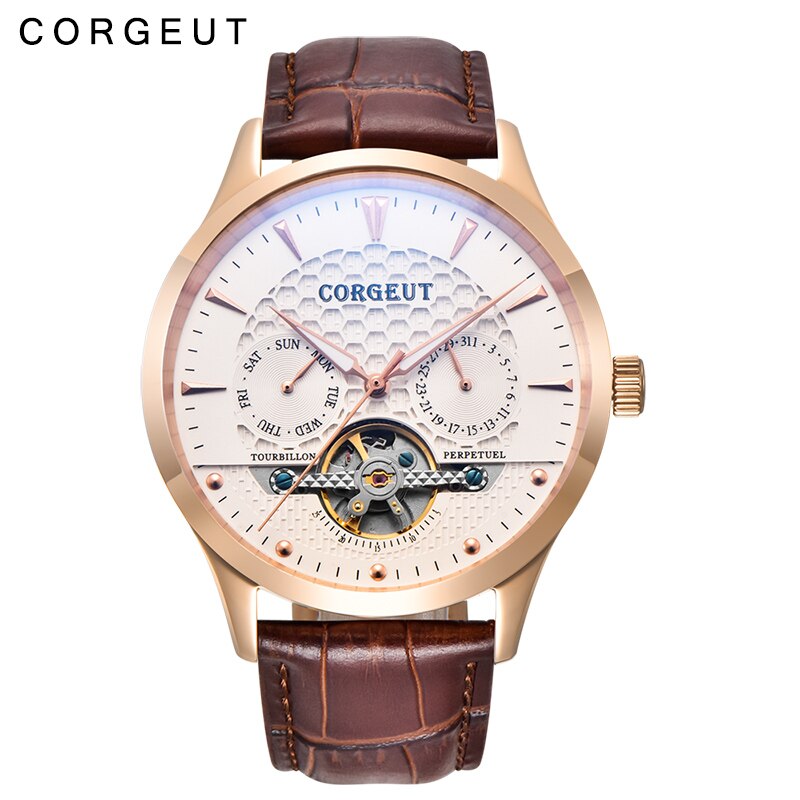 fashion casual Corgeut 44mm Domed Glass clock leather strap calendar Mens luxury Mechanical Automatic Wrist watch