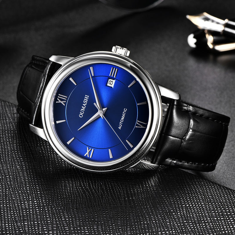 men's watch automatic mechanical watch miyota movement waterproof leather strap 40mm blue dial