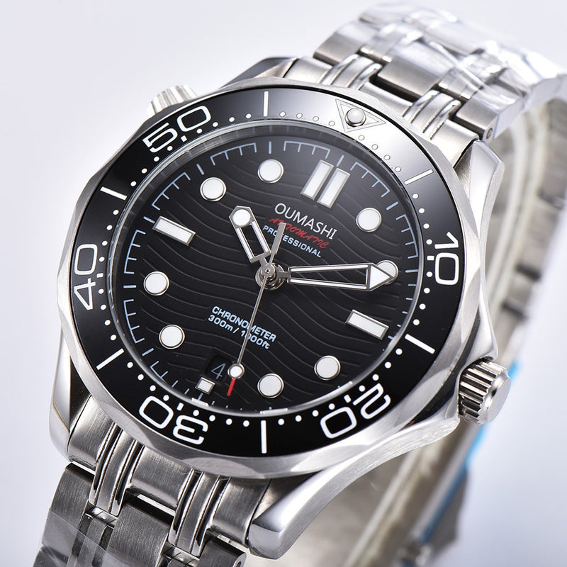 oumashi 41mm men's watch automatic mechanical sub diving watch calendar luminous stainless steel ceramic bezel black dial