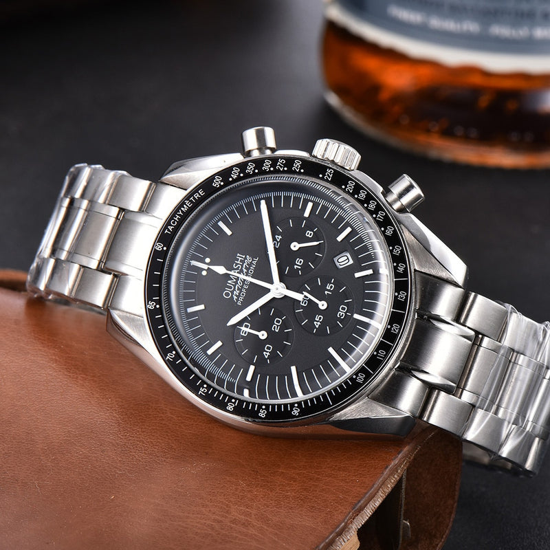 oumashi men's watch 39.7mm Moon watch chronograph function quartz watch luminous waterproof date stainless steel