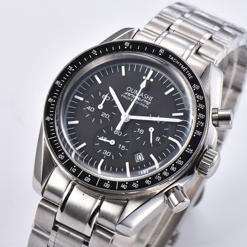 oumashi men's watch 39.7mm Moon watch chronograph function quartz watch luminous waterproof date stainless steel