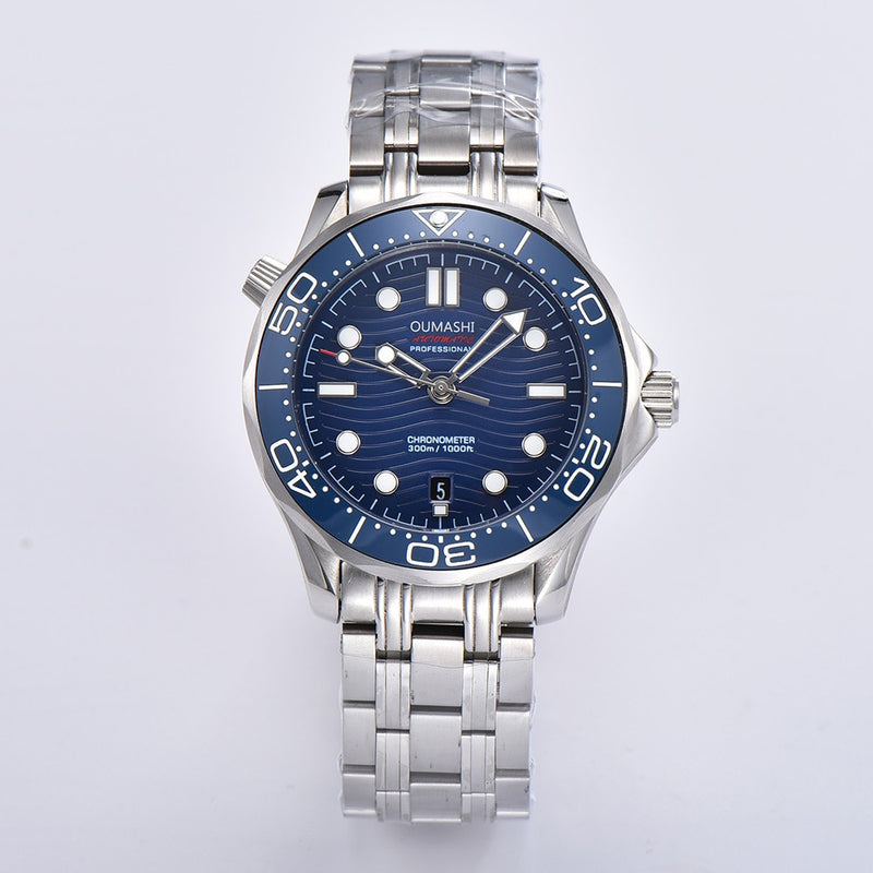 oumashi men's watch automatic mechanical sub diving watch calendar luminous stainless steel ceramic bezel